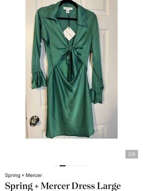 Green Satin Tie-Front Long Sleeve Dress